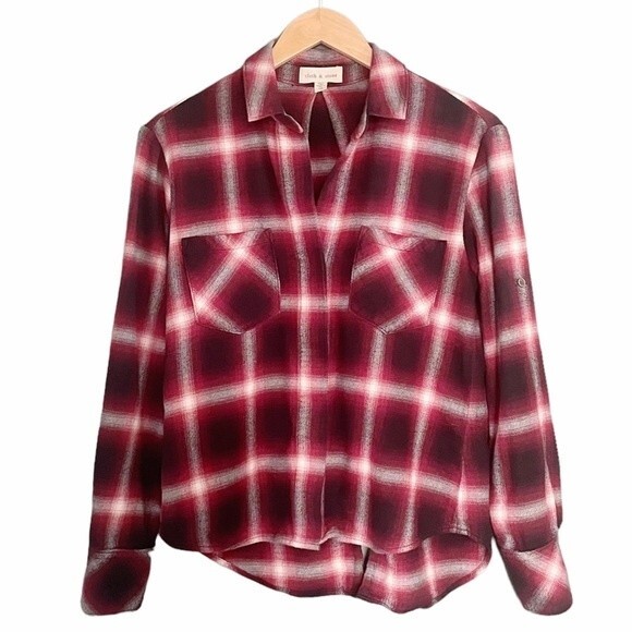 Anthropologie Cloth & Stone Cranberry Plaid Flannel Button Front Blouse Size XS - Picture 3 of 14